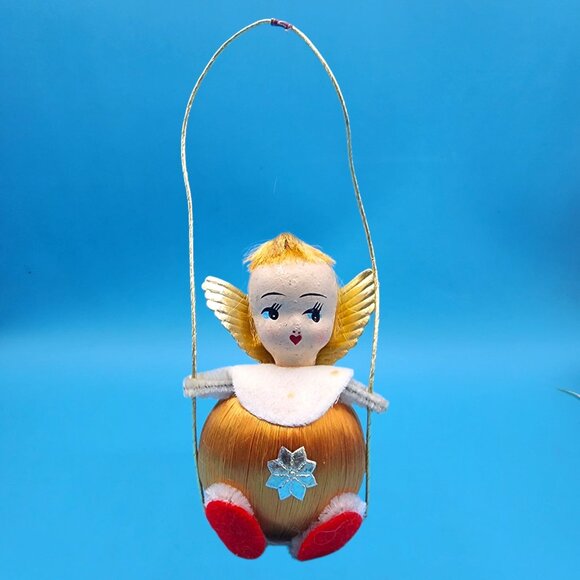 Vintage 1960s Pink Satin Ball Angel Ornament Foil Wings Spun Cotton Composite v5 - Picture 4 of 9